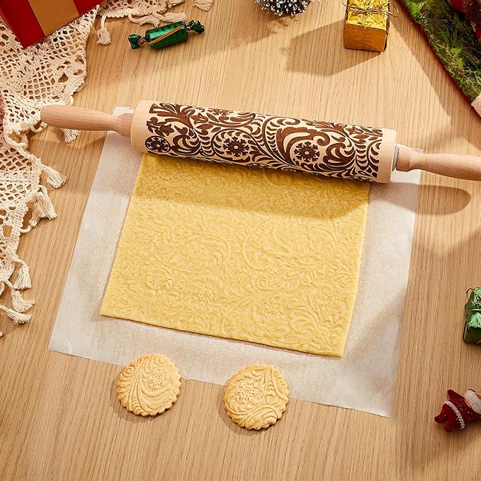 Gobam Embossed Rolling Pin for Cookies, Engraved Wooden Rolling Pin for Baking, Deep Pattern Cookie Roller for Christmas, Holiday, DIY Kitchen Decor and Gift - Snowflake