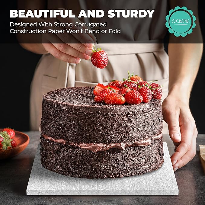 O'Creme White Square Cake Board - Gorgeous Design, Sturdy & Durable 1/2" Thick Drums, 12" x 12" Inch, Pack of 5 Disposable