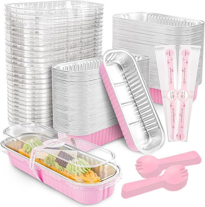 100 Pack Mini Cake Pans with Lids and Spoons Rectangular Aluminum Foil Baking Pans Mini Cheesecake Containers(6.8oz)