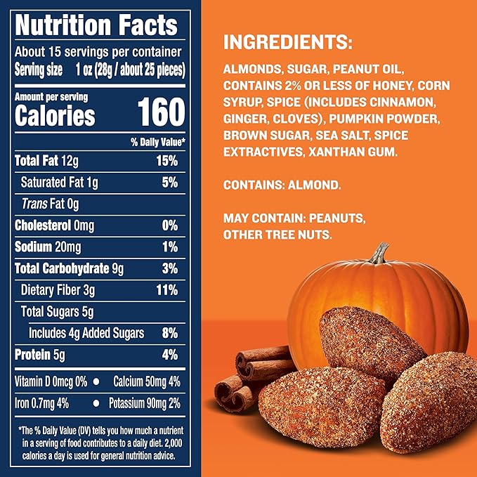 PLANTERS Fall Edition Pumpkin Spice Almonds, Pumpkin Spice Snacks, Cooking & Baking Nuts & Seeds, Flavored Almonds, Seasonal Nuts, Fall Party Snacks, Plant-Based Protein, 15.25 oz Canister