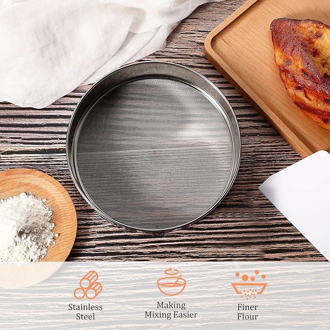 Flour Sifter, Flour Sieve,Stainless Steel Flour Sifter for Baking Cake Bread, Hanging Ring Design, with 2Pcs Dough Scraper, Flour Sieve, Sieve Fine Mesh,Best Baking Lovers' Gift