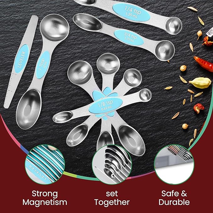 Magnetic Measuring Spoons Set of 9 Stainless Steel Dual-Sided Stackable Measuring Spoon Nesting Teaspoons Measuring Dry and Liquid Ingredients, Fits in Spice Jars Set of 9 (Blue Aqua Sky)