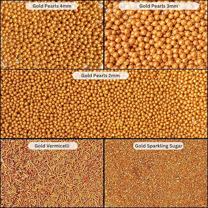 Confect Gold Sprinkles – Assorted 5-Pack for Cake & Cupcake Decoration, Golden Dragees, Jimmies & Sparkling Sugar for Christmas & Birthday Parties | Vegan, Gluten-Free, Nut-Free, Soy-Free, Dairy-Free, Palm Oil-Free -5 Oz