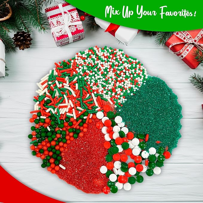 Sprinkle Me This Sprinkle Mix - 6 Cell Sprinkle Assortment (7oz) - Assorted Sprinkle Jar featuring Red and Green Sanding Sugar, Red and Green Nonpareils, Jimmes, and Confetti sprinkles
