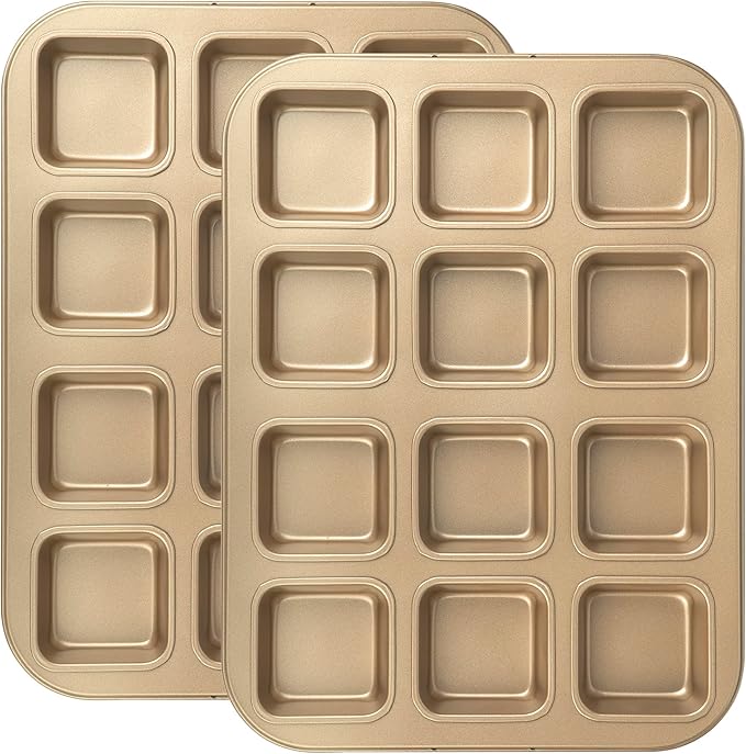 Tiawudi 2 Pack Brownie Pan, Non-stick Bakeware for Bread and Loaf, Heavy Duty Carbon Steel Mini Muffin Pan, 12-Cavity