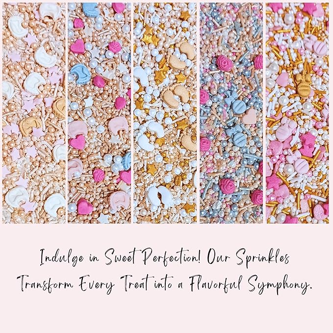 Confect Girls Baby Shower Sprinkles | Mix Gold, Rose Gold, Peach & Pink Sprinkles | Gender Reveal Sprinkles | Assorted Pack of 5 Edible Pearl Sprinkle | Vegan, Gluten-Free, Nut-Free, Soy-Free, Dairy-Free, Palm Oil-Free - 5 Oz