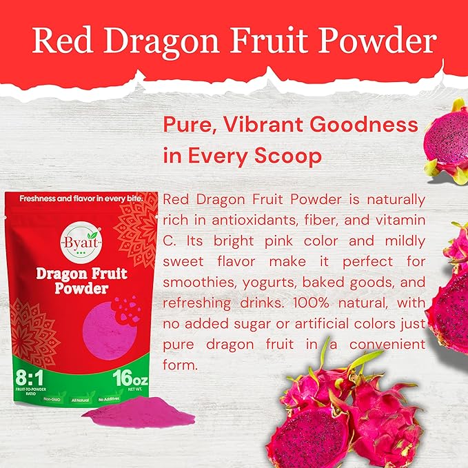 Byait Freeze Dried Dragon Fruit Powder 1 lb, Fine Pitaya Powder for Food Coloring, Baking, Smoothies, Drinks, Ice Cream, Cocktails, Vegan, Non-GMO, No Added Sugar