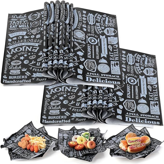 200 Pcs Deli Wax Paper Sheets 15 x 15 Inch Large Newsprint Sandwich Paper Wraps Greaseproof Food Basket Liners Newspaper Wrapping Square for Halloween Christmas Burger Bread BBQ Picnic (Black White)