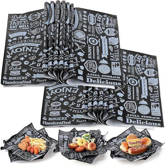 200 Pcs Deli Wax Paper Sheets 15 x 15 Inch Large Newsprint Sandwich Paper Wraps Greaseproof Food Basket Liners Newspaper Wrapping Square for Halloween Christmas Burger Bread BBQ Picnic (Black White)