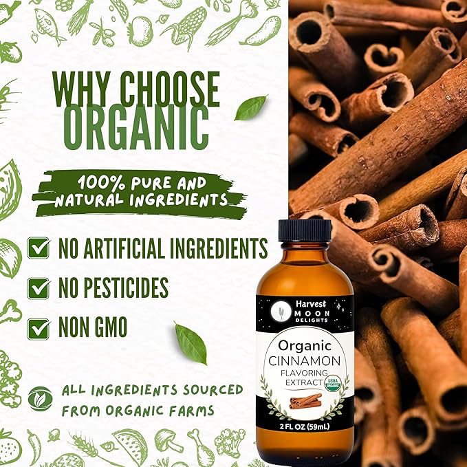 Organic Cinnamon Flavoring Extract for Baking, Ice Cream, Drinks, and Candy - 2 oz - Water-Soluble - By Harvest Moon Delights - Pure Cinnamon Extract, Flavoring, Flavor