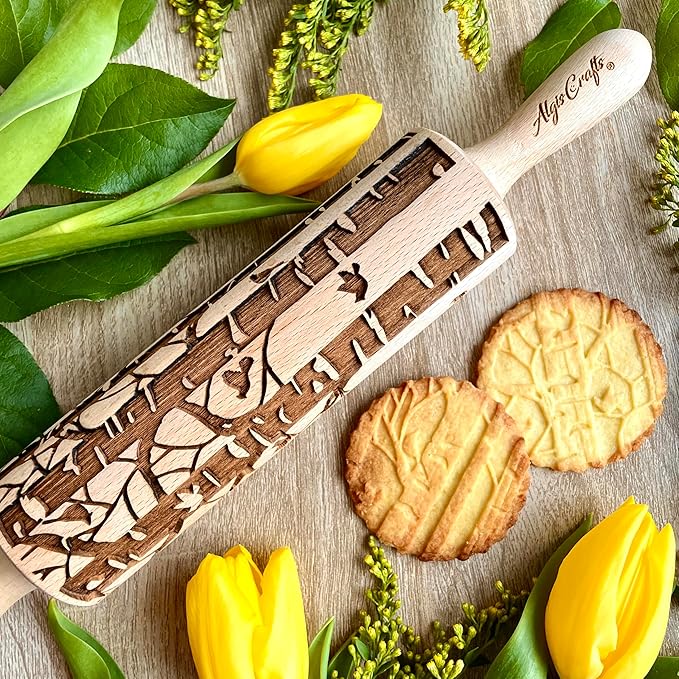 Embossing Rolling Pin BIRCH. Engraved Wooden Embossed Dough Roller for Embossed Cookies or Clay by Algis Crafts