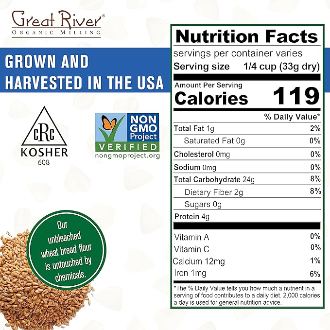 Great River Milling Organic Unbleached Wheat Bread Flour | Artisan Bread Flour for Baking | Multi-Purpose Wheat, Unbromated, Non-GMO, Kosher | 25 Lb (Pack Of 1)