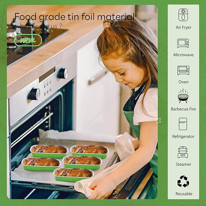 50 PACK Mini Cake Pans with Lids and Spoons, Rectangular Aluminum Foil Bread Pan, Mini Loaf Pans and Food Containers with Lids(Grass Green, 6.8oz)