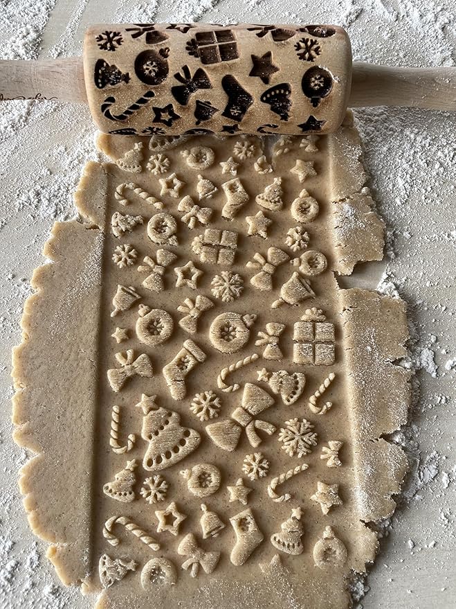CHRISTMAS 3 KID ROLLING PIN SET WOODEN LASER ENGRAVED EMBOSSED DOUGH ROLLER for EMBOSSED COOKIES by AlgisCrafts
