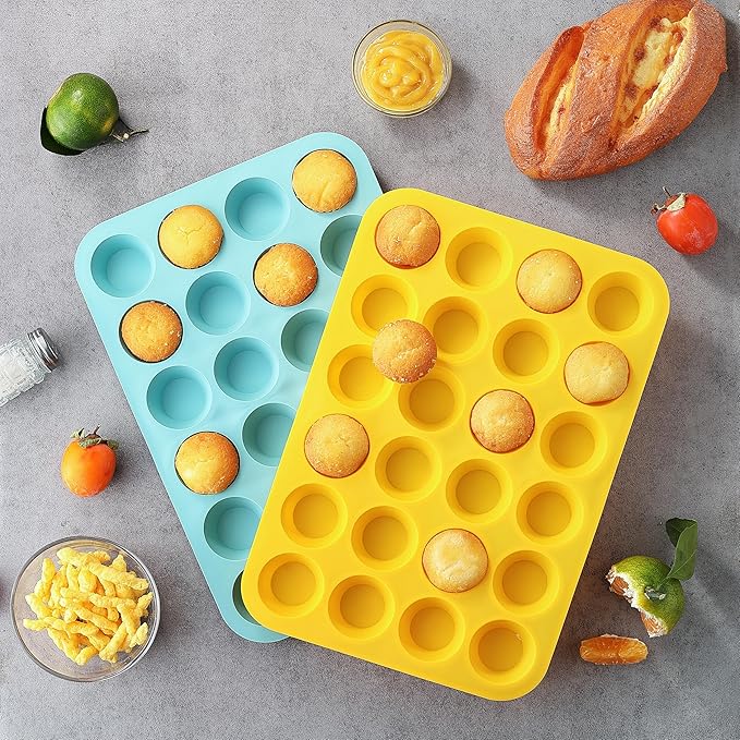 2PCS Silicone Mini Muffin Pan, 24 Cups Nonstick Mini Cupcake Pan for Baking, BPA Free and Dishwasher Safe, Great for Making Muffin Cakes, Tart, Bread and Egg Bites