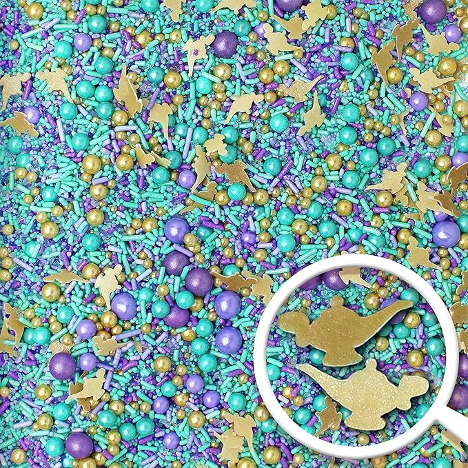 Sprinkle Pop Arabian Princess Sprinkles Mix| Aqua Lavender Purple Sprinkles with ~20 Genie Bottle Toppers and Gold Dragees| Girl Birthday Decorating Sprinkles Made in USA for Cake Cookie Cupcakes, 4oz