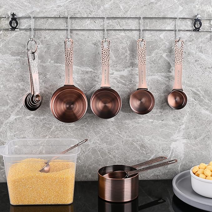 Copper Measuring Cups and Spoons Set 14, Stainless Steel Measure Cups and Spoons Set for Baking & Kitchen, 6 Metal Metric Measuring Cups and 7 Measuring Spoons 1 Leveler for Dry & Liquid