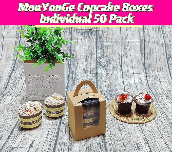 50-Set Individual Cupcake Boxes Bulk with Clear Display Window, Disposable Food Grade Kraft Cupcake Carrier Cupcake Container, Perfect for Cupcakes Muffins Cookies Pastries
