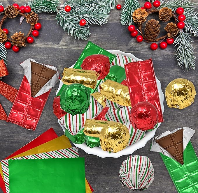 Gift Boutique Christmas Foil Chocolate Bar Candy Wrappers Hot Chocolate Bomb Aluminum Tin Wrapping Paper 200 Pieces Decor Wrapper Papers for Holiday Baking Homemade Food Party Favor 8" x 8" Squares