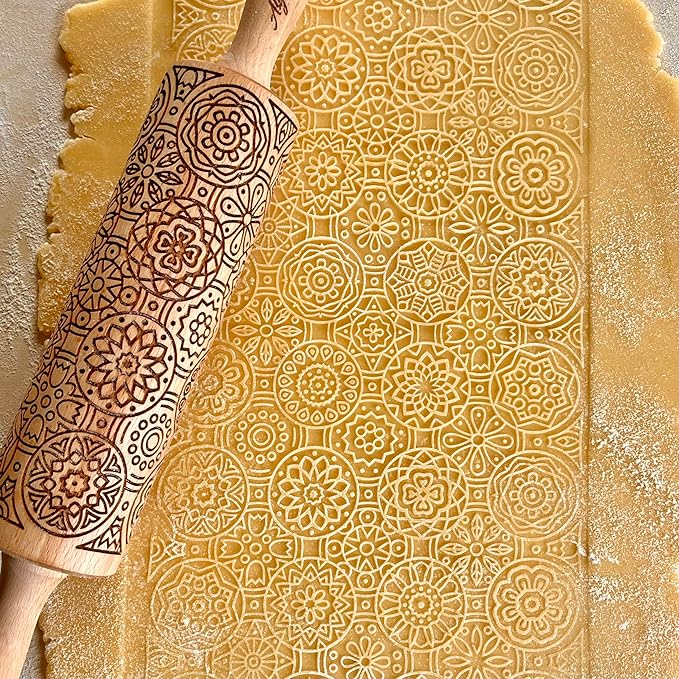 Mandala Embossing Rolling Pin – Dough and Clay Roller for Embossed Cookies and Pottery, Cookie and Ceramic Stamp, Baking Gifts for Women by Algis Crafts