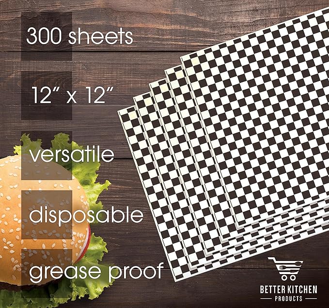 300-Count Better Kitchen Products Checkered Deli Dry Wax Paper Sheets, 12 x 12 inch, Greaseproof Deli Wrap for Foodservice, Food Basket Liners, Disposable Grease Proof Liners for Food Concession