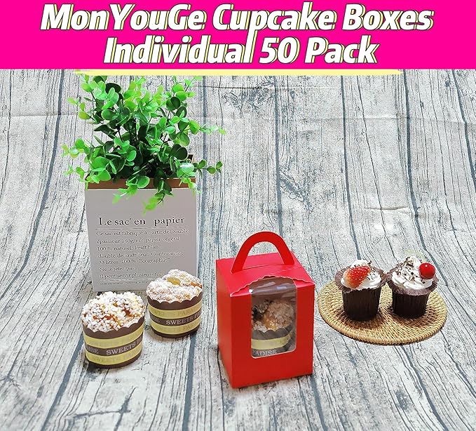 50-Set Individual Cupcake Boxes Bulk with Clear Display Window, Disposable Food Grade Red Cupcake Carrier Cupcake Container, Perfect for Cupcakes Muffins Cookies Pastries