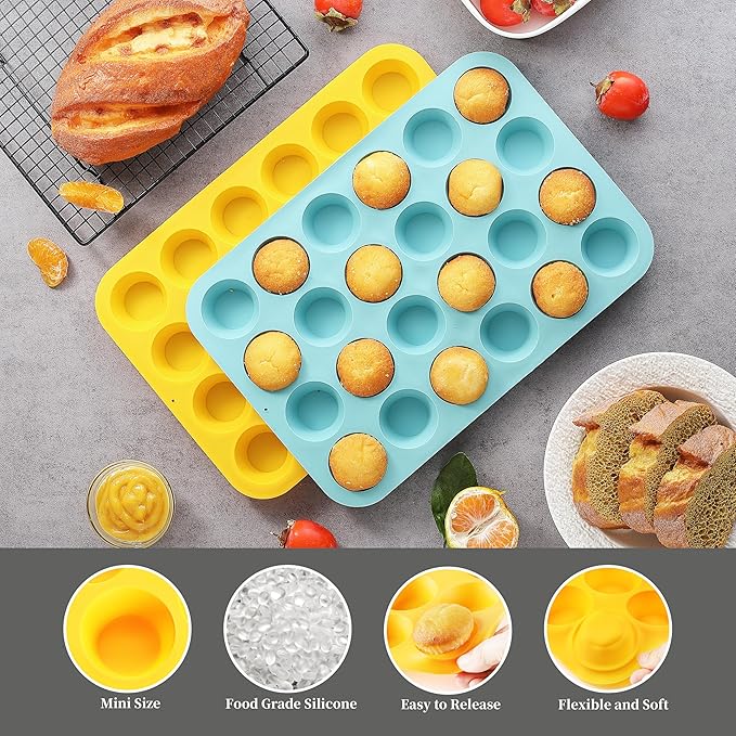 2PCS Silicone Mini Muffin Pan, 24 Cups Nonstick Mini Cupcake Pan for Baking, BPA Free and Dishwasher Safe, Great for Making Muffin Cakes, Tart, Bread and Egg Bites