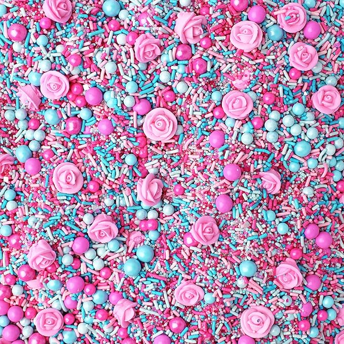 Sprinkle Pop Briar Rose Princess Sprinkle Mix| Pink and Blue Sprinkles with ~12 Hand Piped Royal Icing Roses| Birthday Sprinkles Made in USA for Decorating Cake Cupcakes Donuts Cookies Ice Cream, 4oz