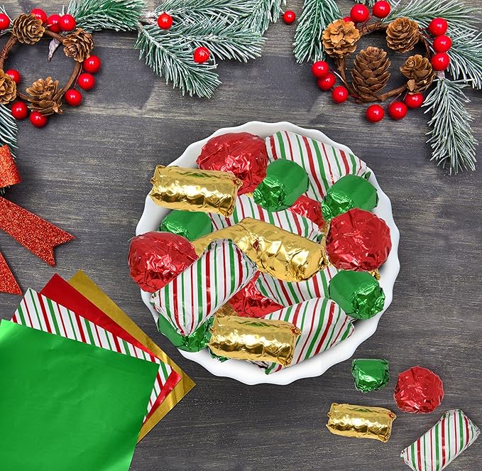 Gift Boutique Chocolate Candy Wrappers Aluminum Tin Foil Wrapping 600 Pieces Packaging Decoration 4 Xmas Printed Color Wrapper Papers for Holiday Baking Homemade Food Party Favor 4 x 4 Inches Square