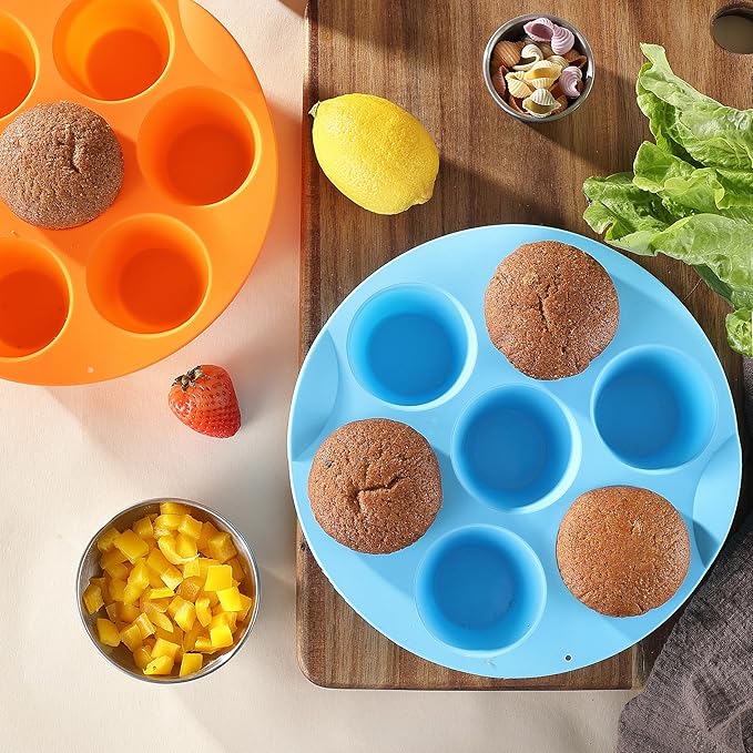 2 Pack Silicone Egg Bite Molds, Food Grade 7-Cups Air Fryer Muffin Pan for Baking Mini Muffins, Egg Bite, Tart, Mini Cupcake and Quiche, Nonstick and BPA - Free (Orange+Blue)