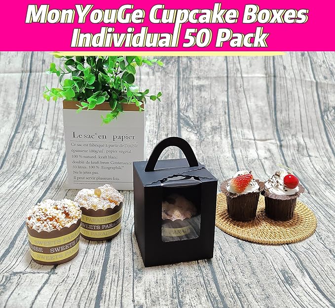50-Set Individual Cupcake Boxes Bulk with Clear Display Window, Disposable Food Grade Black Cupcake Carrier Cupcake Container, Perfect for Cupcakes Muffins Cookies Pastries