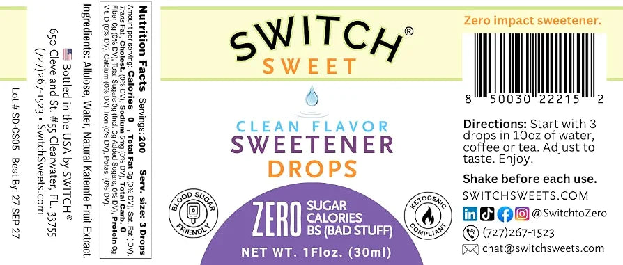 SWITCH® SWEET (200 Servings) Clean Natural Sugar Free Sweetener Drops with Allulose and Katemfe Fruit Extract (Thaumatin). No weird aftertaste. Zero Calories, No Glycemic Impact. Replaces Stevia, Monk Fruit & Artificial Sweeteners.