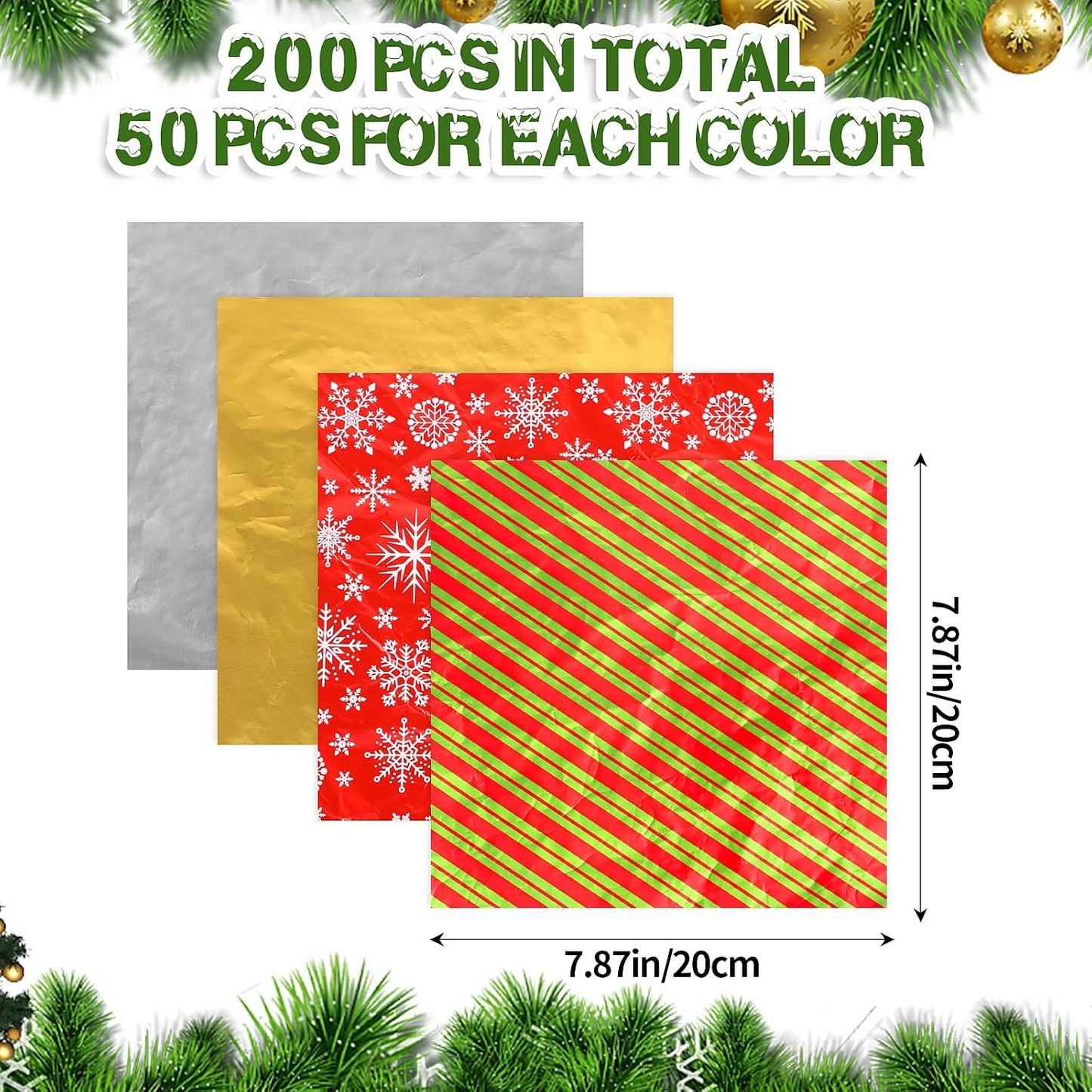 FOIMAS Christmas Foil Candy Wrappers, 200 PCS Christmas candy wrappers Aluminum Tin 8 x 8 Inches Chocolate Bar for Xmas Wedding Birthday Homemade Candy Caramels Packaging Wrapping Party Favors
