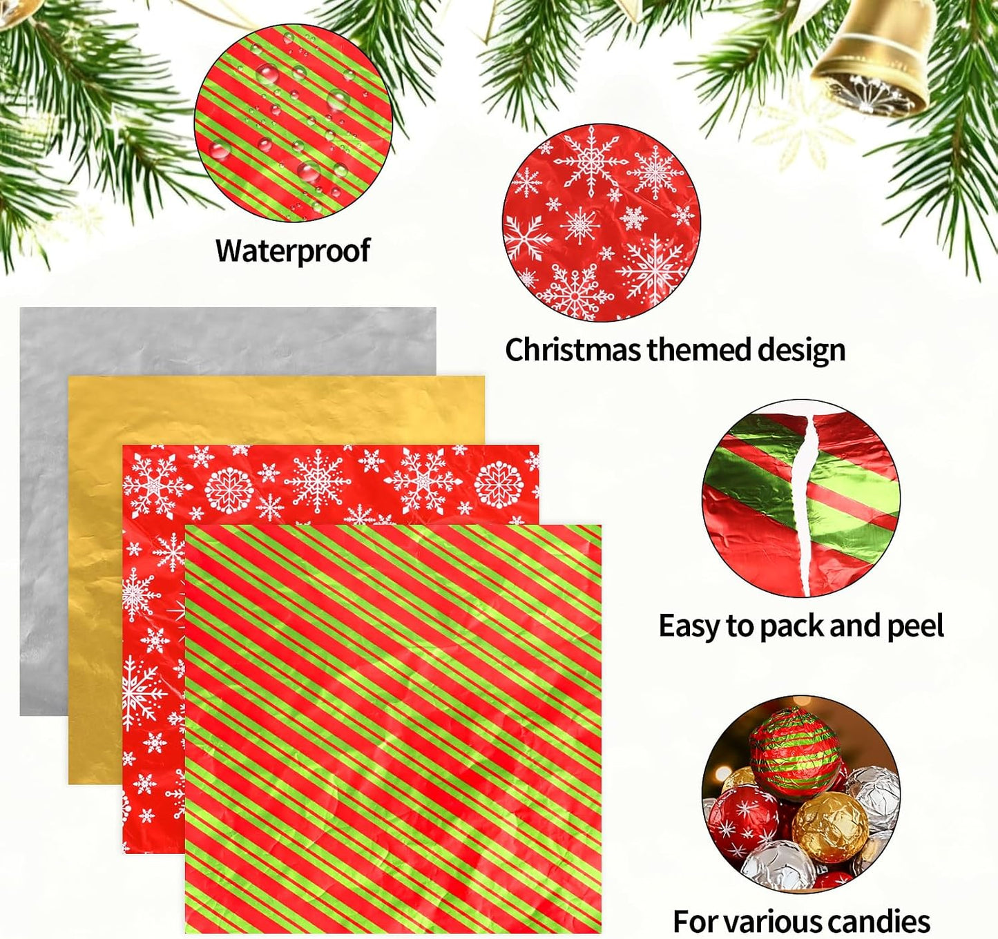 FOIMAS Christmas Foil Candy Wrappers, 200 PCS Christmas candy wrappers Aluminum Tin 8 x 8 Inches Chocolate Bar for Xmas Wedding Birthday Homemade Candy Caramels Packaging Wrapping Party Favors