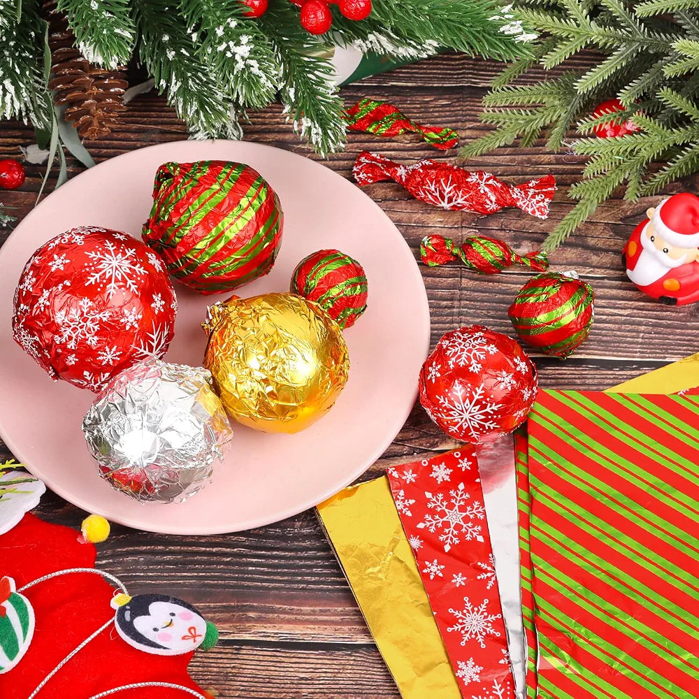 FOIMAS Christmas Foil Candy Wrappers, 200 PCS Christmas candy wrappers Aluminum Tin 8 x 8 Inches Chocolate Bar for Xmas Wedding Birthday Homemade Candy Caramels Packaging Wrapping Party Favors